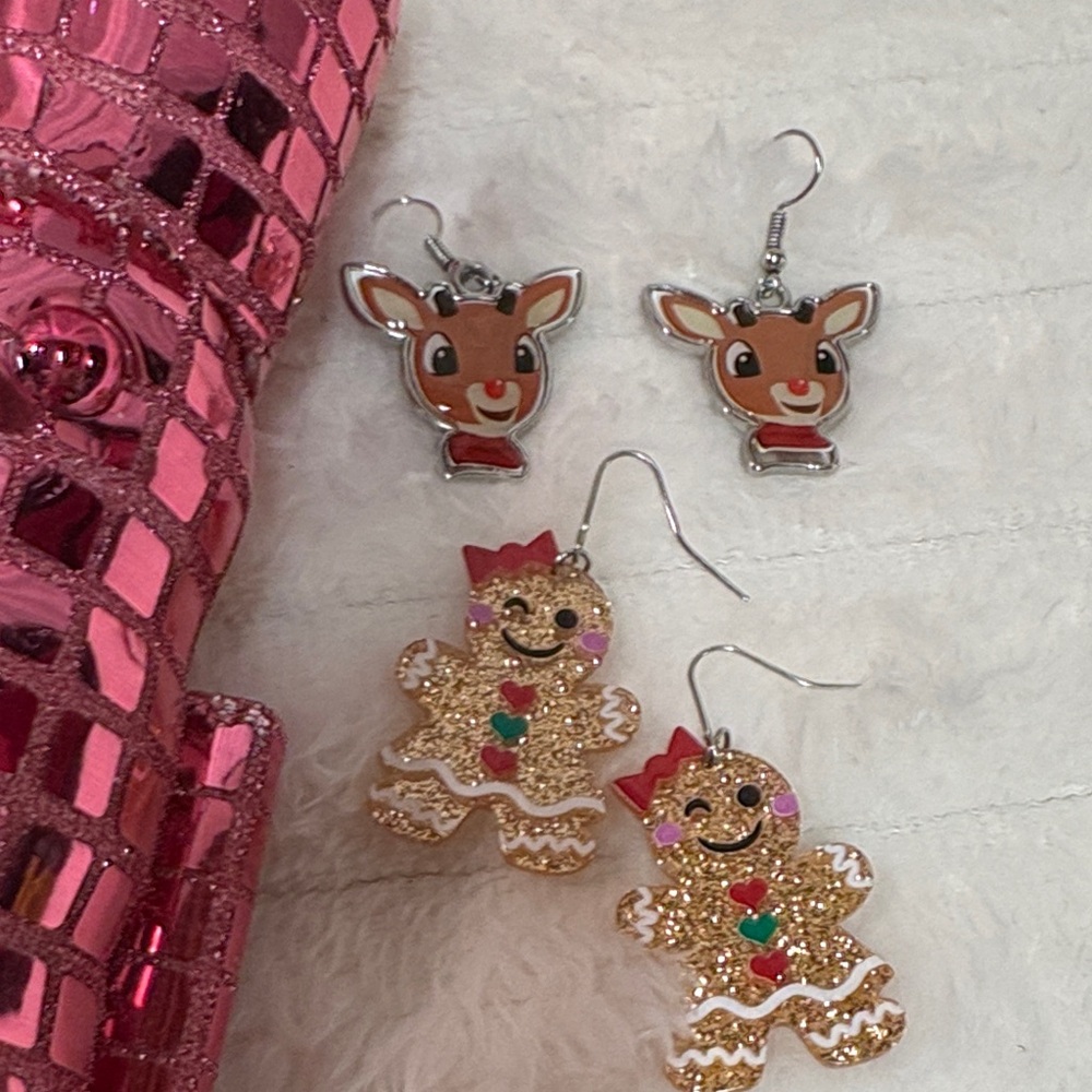 Gingerbread and Reindeer Earrings Festive Set